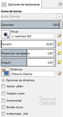 Opciones de la herramienta borrador