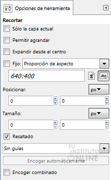 Opciones de la herramienta de recorte