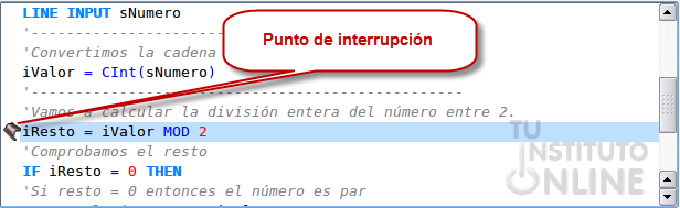 Punto de interrupción colocado