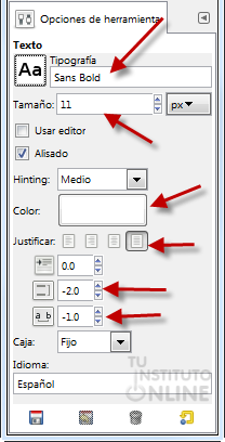 Configuración de la herramienta texto