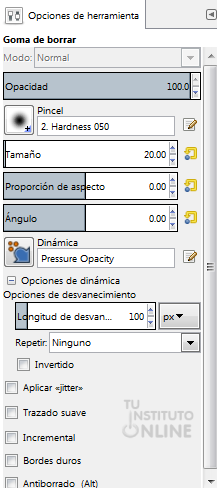 Opciones de la herramienta borrador