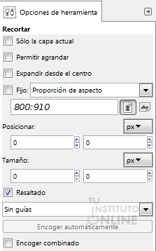 Opciones de la herramienta de recorte