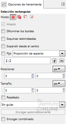 Opciones de la herramienta selección rectangular