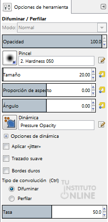 Opciones de la herramienta enfocar y desenfocar