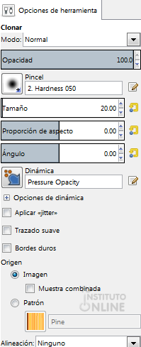 Opciones de la herramienta de clonado